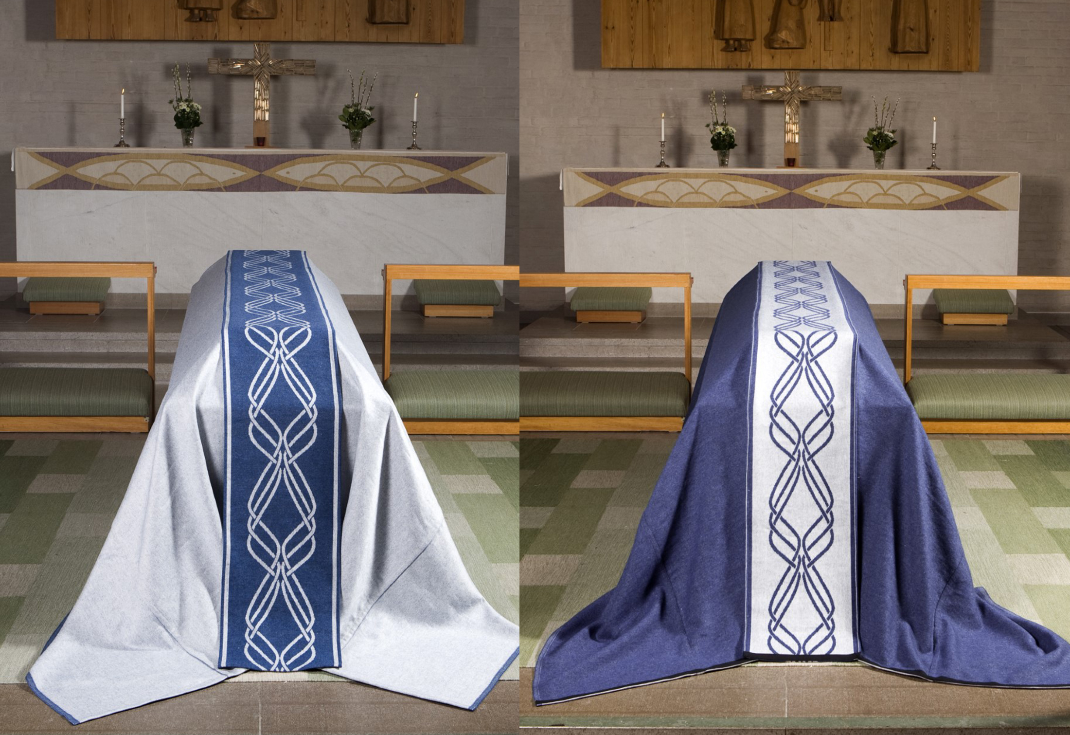Bootsdeck-Klassenzimmer-Linienweben. Zwei Stücke auf zwei verschiedenen Truhen vor dem Altar in der Farbe Blau. 