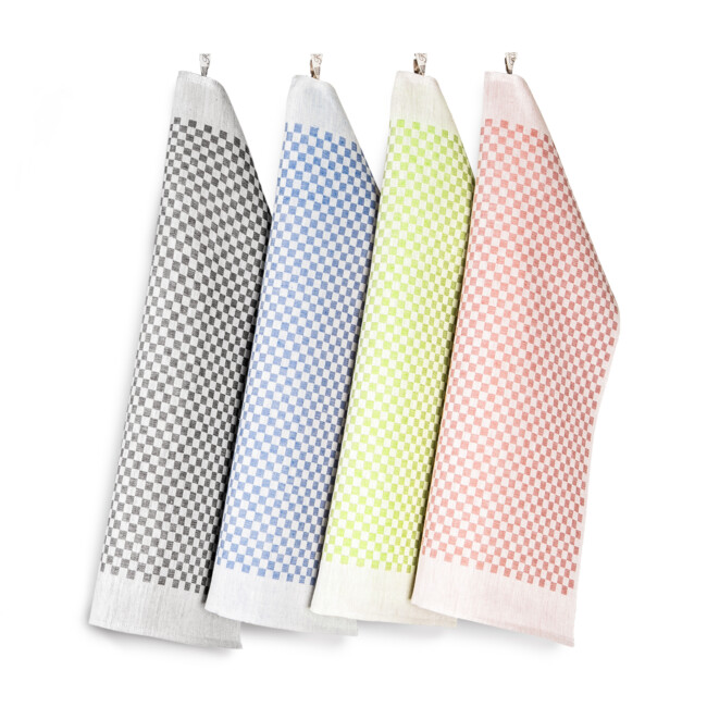 Leinenhandtücher gibt es hier in fünf verschiedenen Farben. Design von Hanne Vedel 